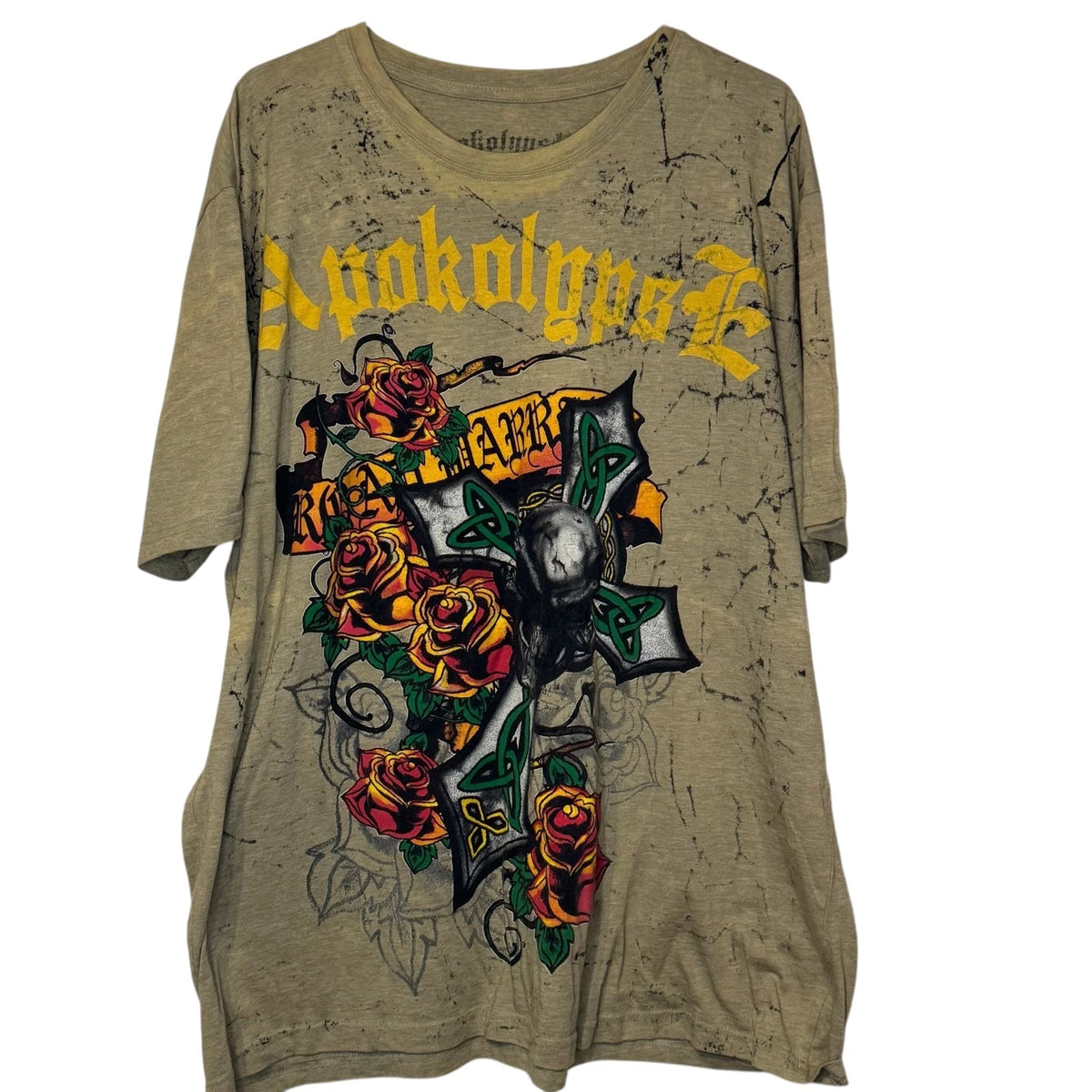 Apokolypse Men's T-Shirt Y2K Vintage Tie Dye Floral Pattern Short Sleeve Tan XL