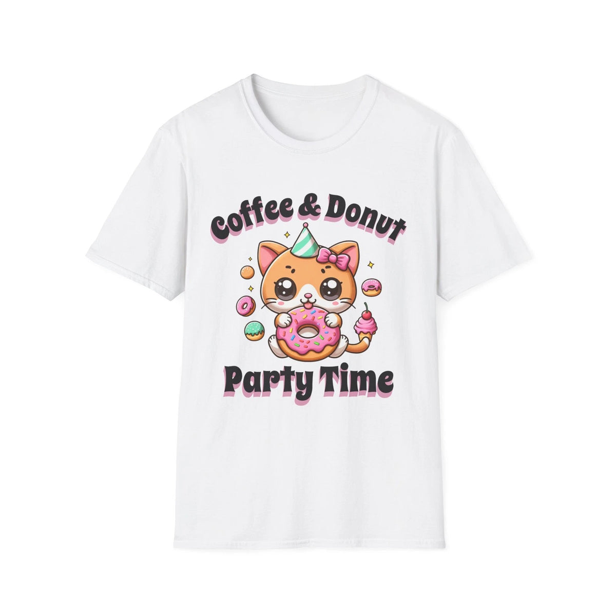 Coffee & Donut Party Time T-Shirt | Cute Cat Donut Design