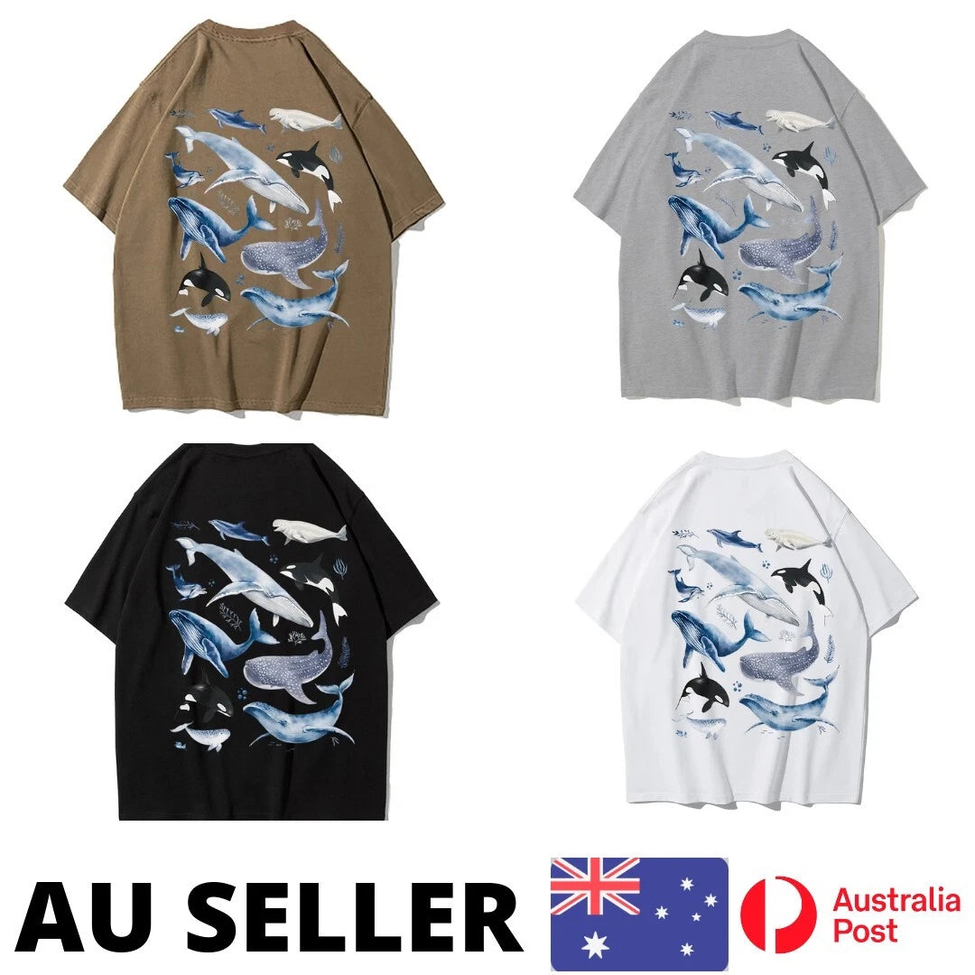 Whale Encyclopedia Poster Shirt Printed Man Harajuku Daily Kawaii - AU Stock