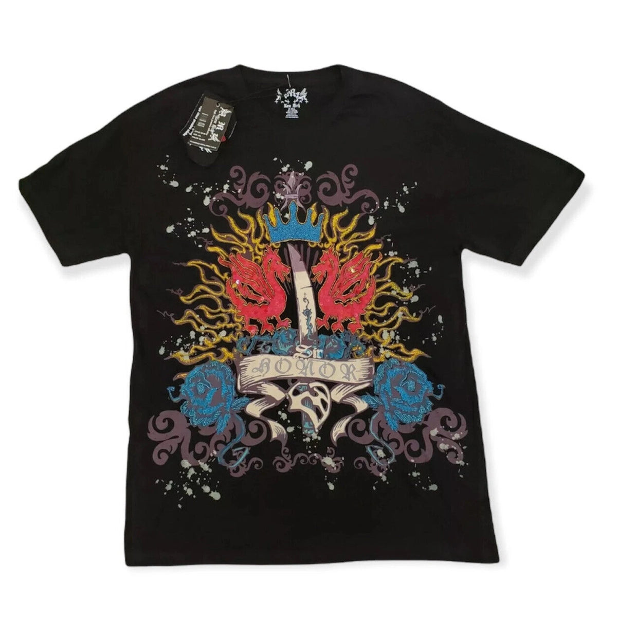 Y2K New Rich Dragon Fire Rose T-Shirt Embroidered Beaded Black 2XL XXL