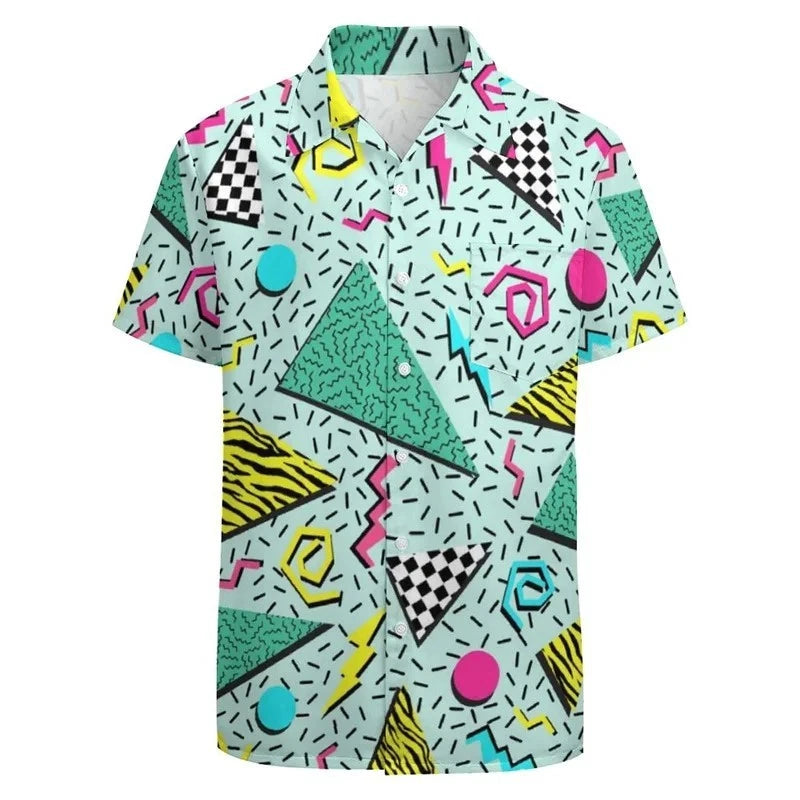 Mens Button Down Shirts Funny 80's Printed Hawaiian Tops Novelty Ugly Gag Gifts