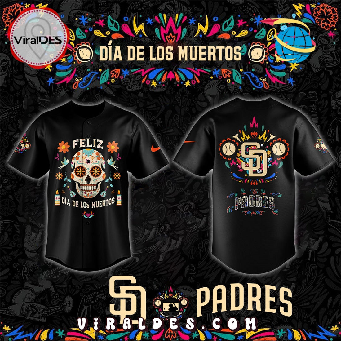 San Diego Padres DÃ­a de los Muertos Black Baseball Jersey