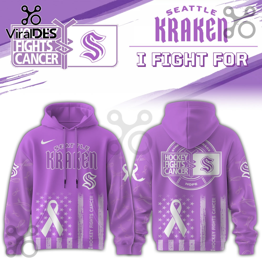 Seattle Kraken Hockey Fights Cancer Purple Ribbon Hoodie