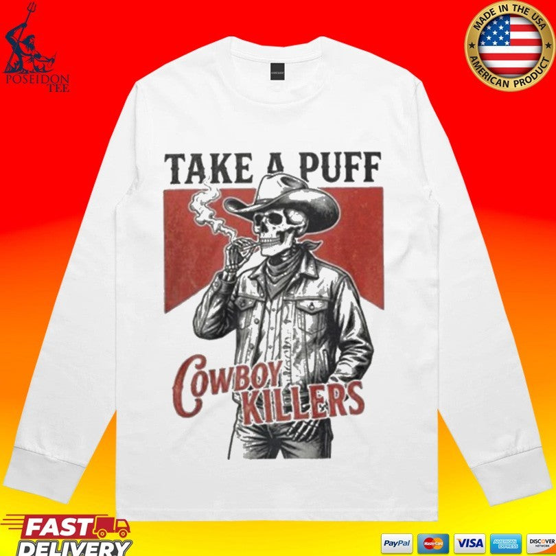 Smoking Skeleton Take A Puff Cowboy Killers Skull T-shirt
