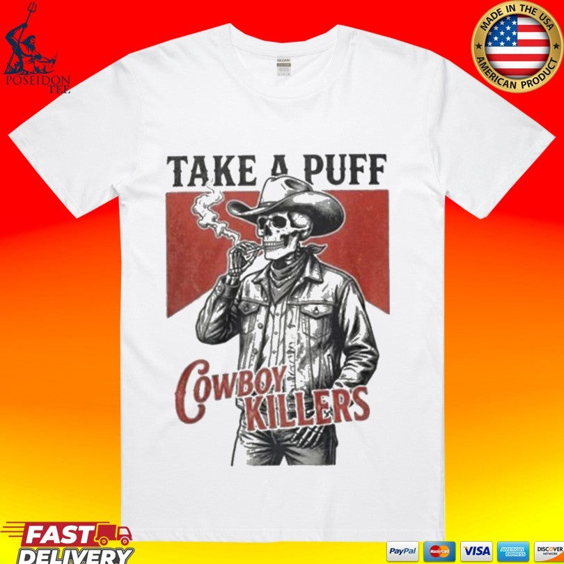 Smoking Skeleton Take A Puff Cowboy Killers Skull T-shirt