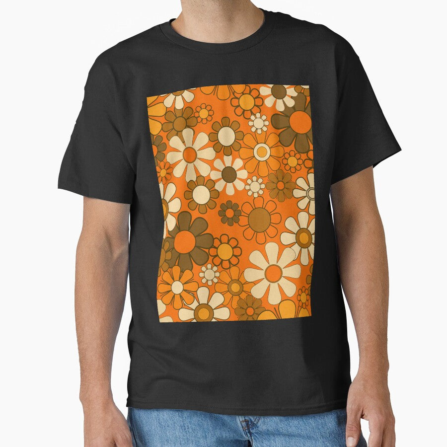 70s Retro Floral Pattern Groovy Garden Flowers in Orange and Brown by kierkegaard