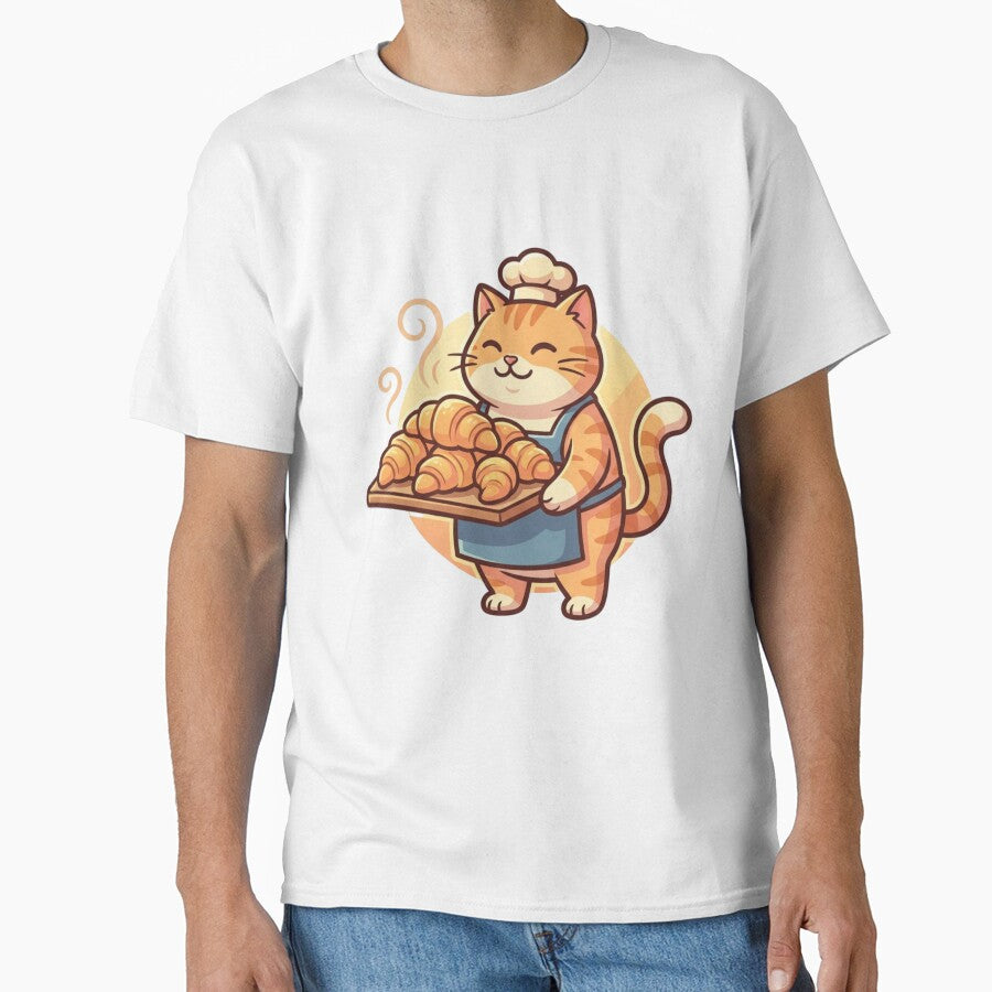 Cute Cat Baker with Croissants - Kawaii Pastry Chef Kitty Illustration by HappySproutArt