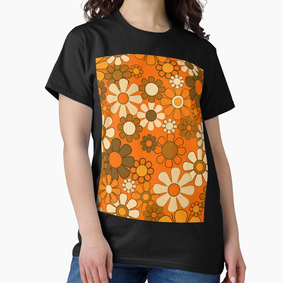 70s Retro Floral Pattern Groovy Garden Flowers in Orange and Brown by kierkegaard