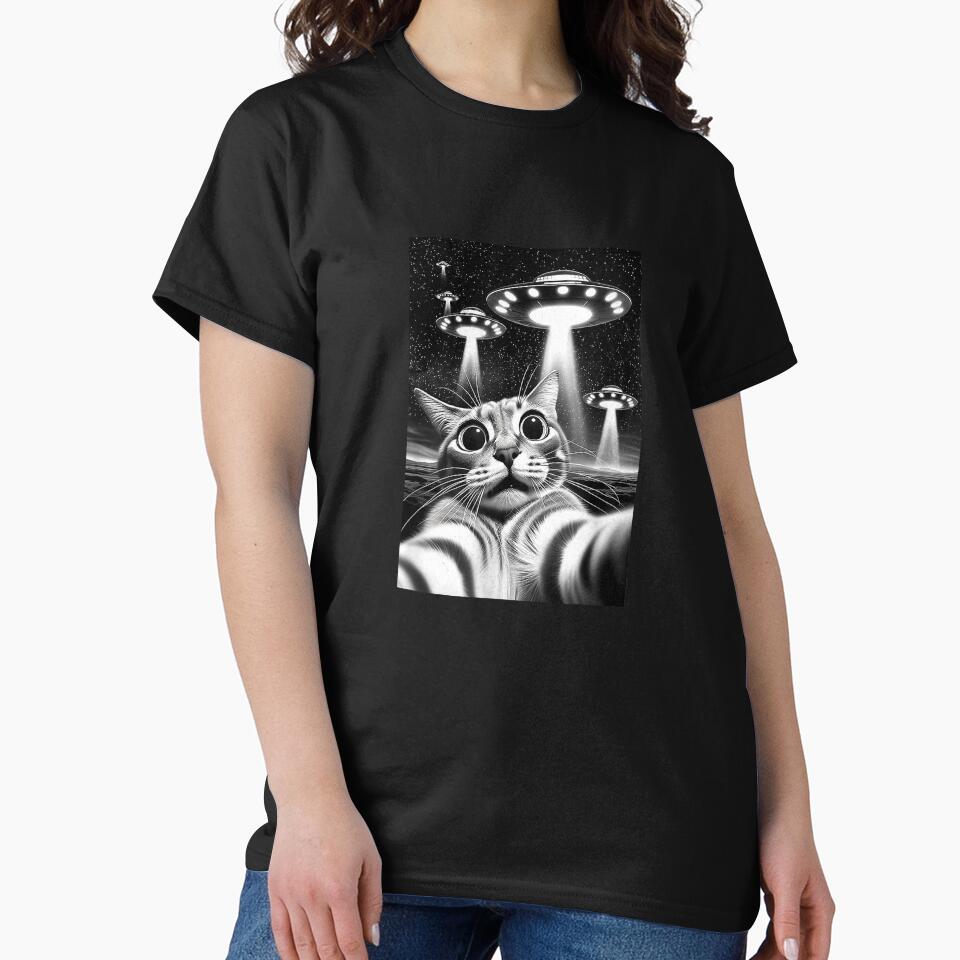 Cat UFO  Funny Invasion Meme Retro Alien Cat UFO Selfie T-Shirt by kevincuellar