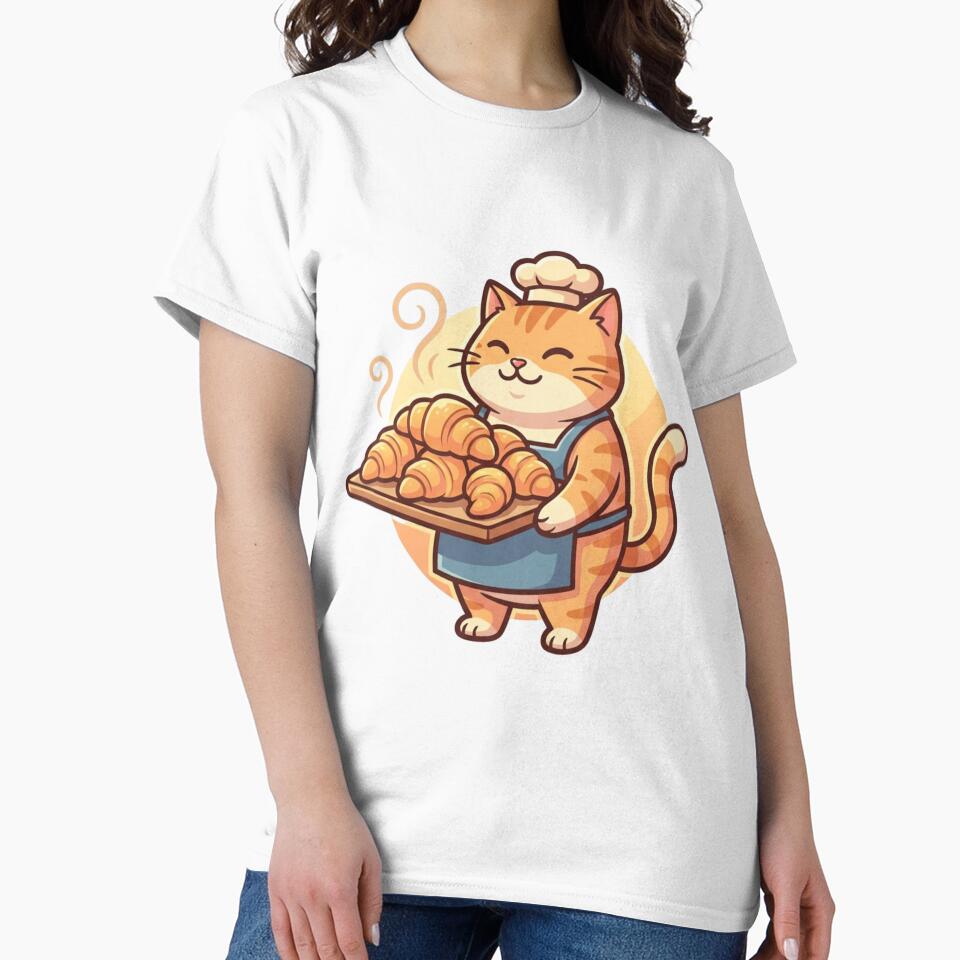 Cute Cat Baker with Croissants - Kawaii Pastry Chef Kitty Illustration by HappySproutArt