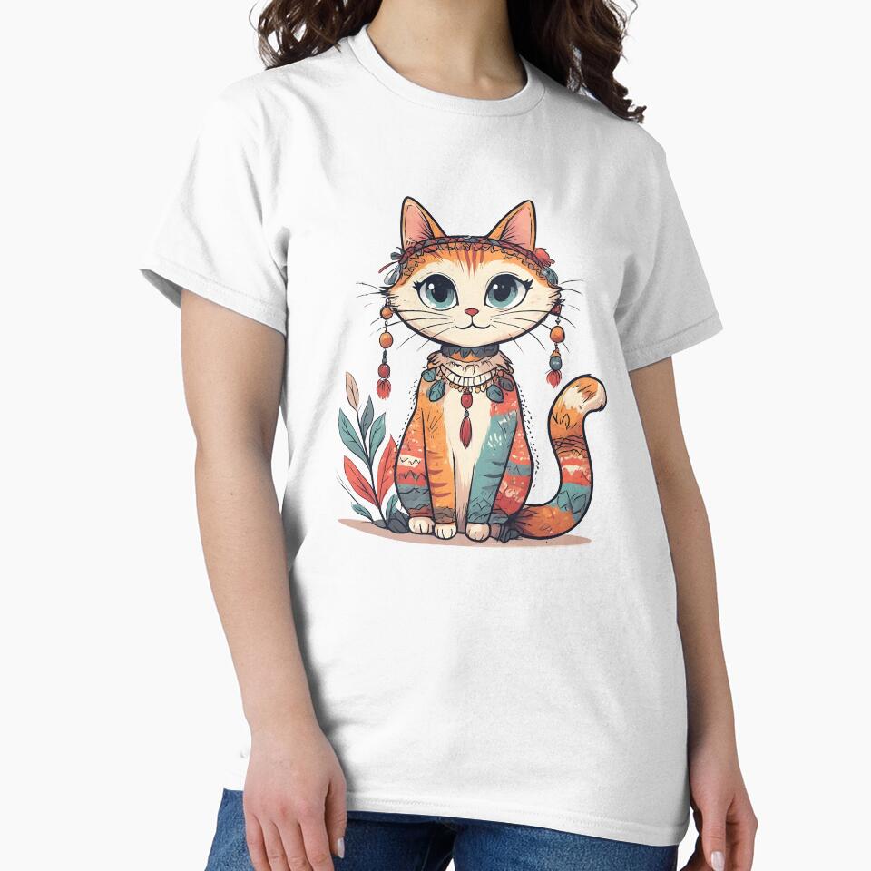 Boho Cat Illustration – Cute Tribal Style Kitty with Floral Accessories by Karolina’s Cozy Creations