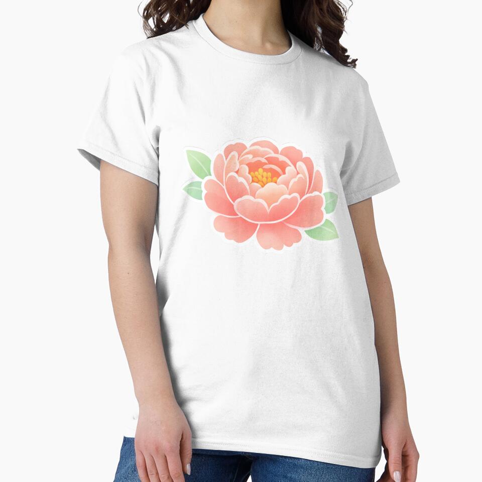 Blooming Peony Flower with Leaves Soft Coral Pink Botanical Floral by Owcomm