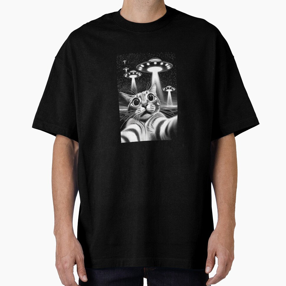 Cat UFO  Funny Invasion Meme Retro Alien Cat UFO Selfie T-Shirt by SubStudio97