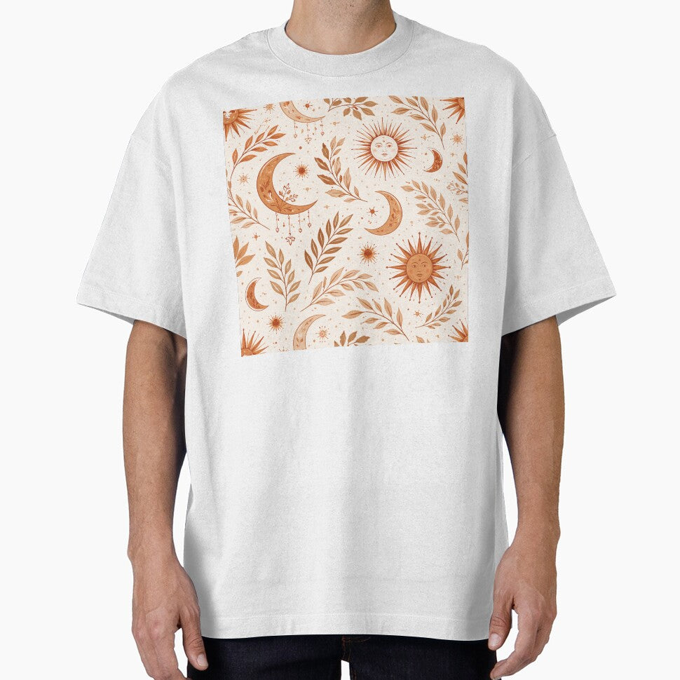 Boho Earth Pattern – Sun Moon & Leaves Terracotta Seamless Design by OpenDreamArts