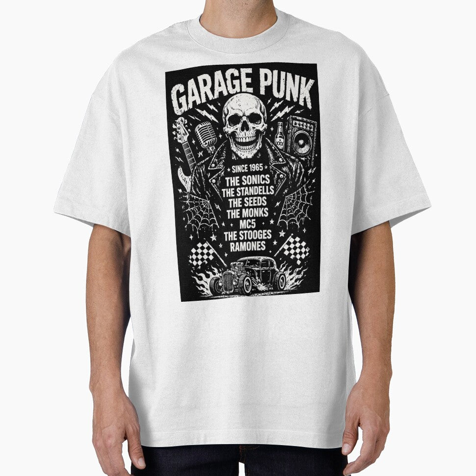Garage Punk Since 1965 – Skull Leather Jacket Rock Band Distressed Vintage Punk Rock T-Shirt Design by Endthedisease