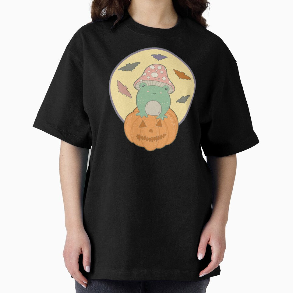 Cute Halloween Cottagecore Frog & Full Moon Bats by GrimButterfly