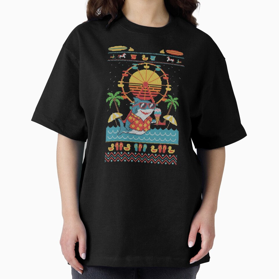 Pixel Knitted Style Ferris Wheel by the Sea – Retro Sweater Design with Shark Drinking by PunkVerseStudio
