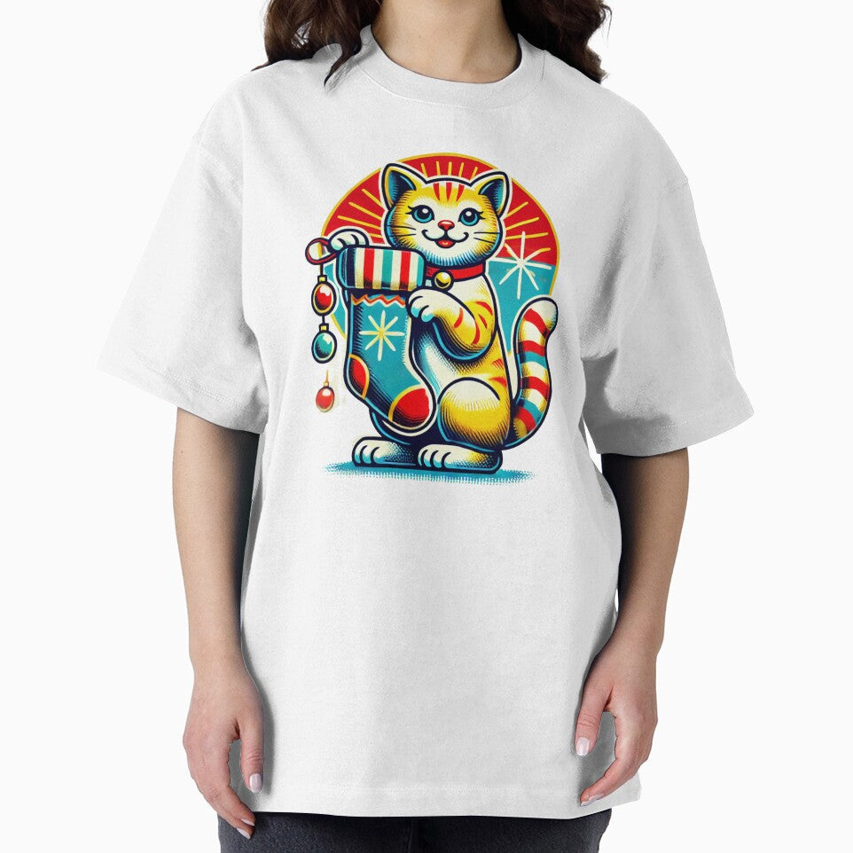 Retro Christmas Cat with Festive Stocking by takeng07