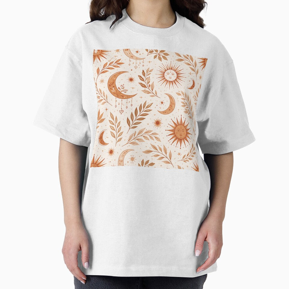 Boho Earth Pattern – Sun Moon & Leaves Terracotta Seamless Design by OpenDreamArts