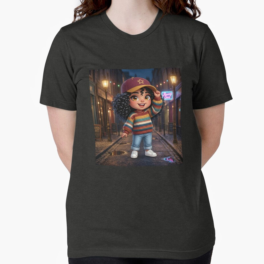 Urban Night Stroll - Cute Chibi Girl with Curly Hair and Striped Sweater by Azurart2