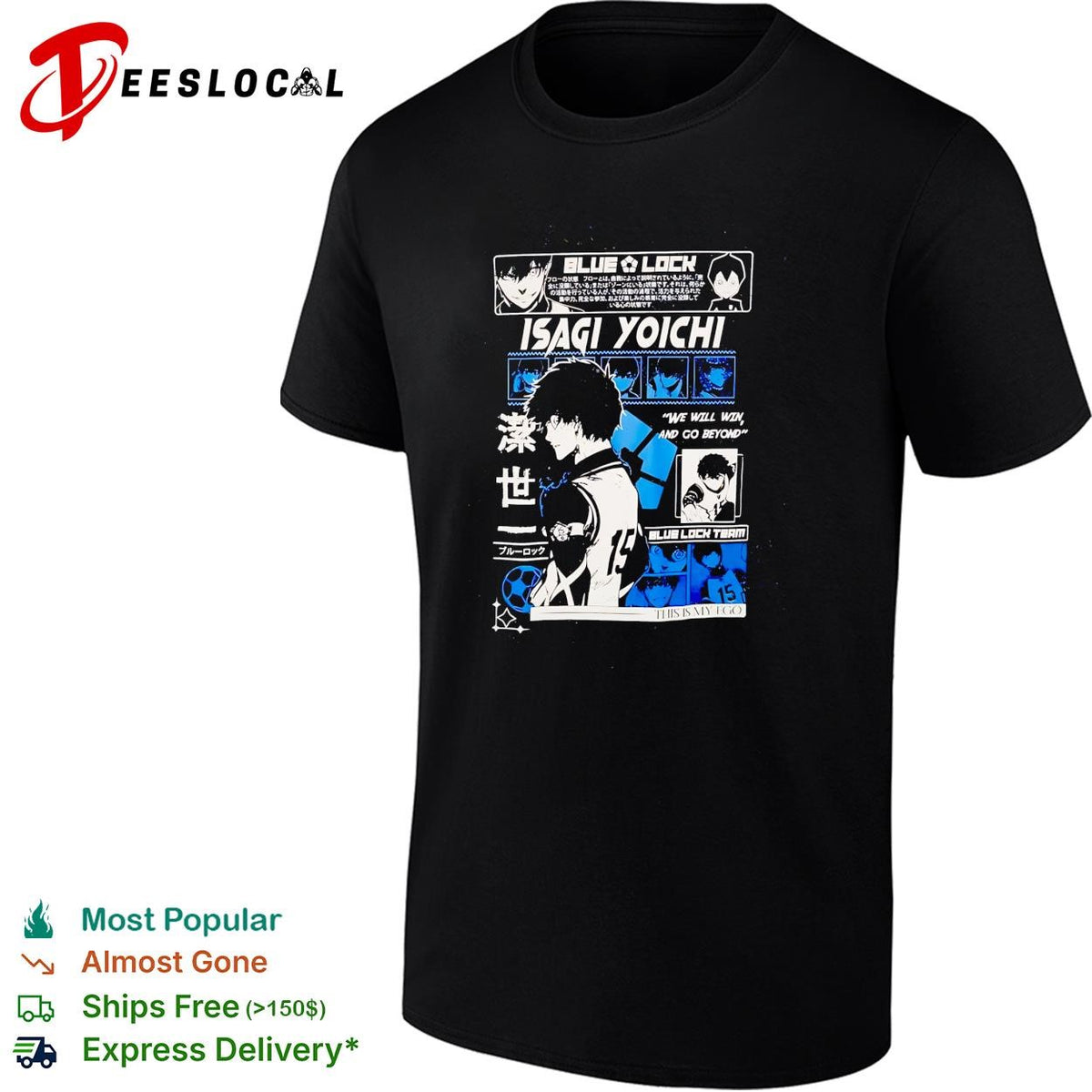 Blue Lock Isagi Yoichi character profile manga panel collage black poster shirt
