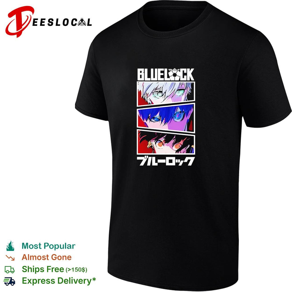 Blue Lock anime character eyes collage bold blue lettering manga graphic shirt