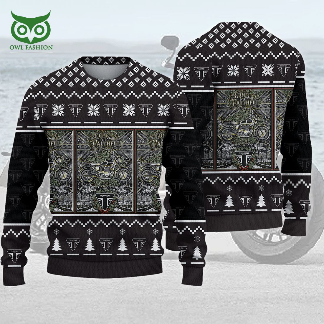 Triumph Motorcycle Come All Ye Faithful Black Ugly Sweater