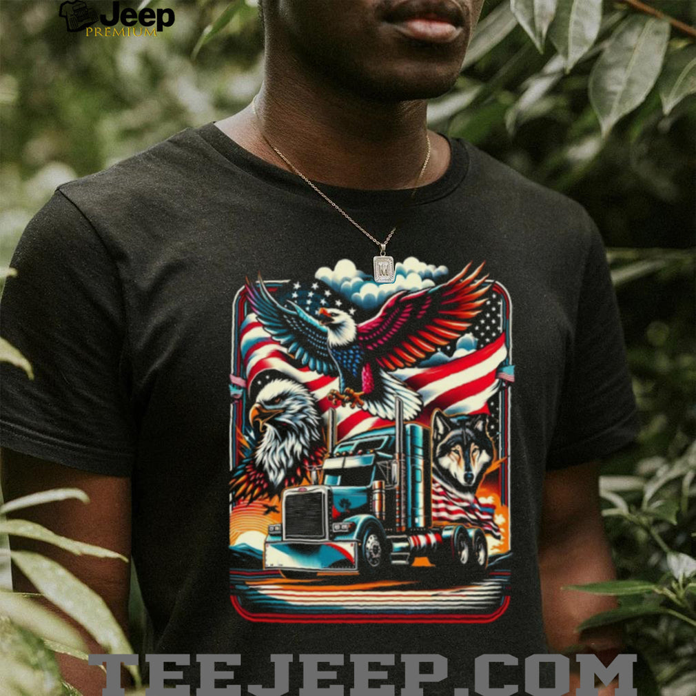 American Trucker Pride Eagle Wolf and Semi Truck US Flag Graphic Tee