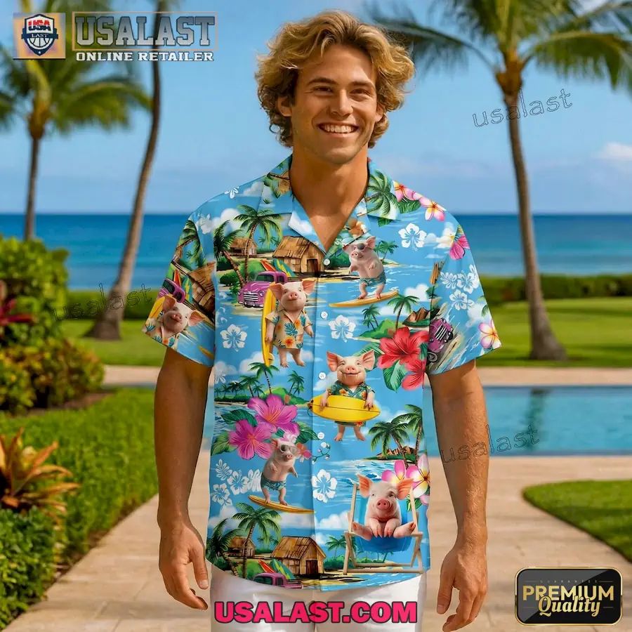 Surfing Pig Beach Tropical Hawaiian Shirt