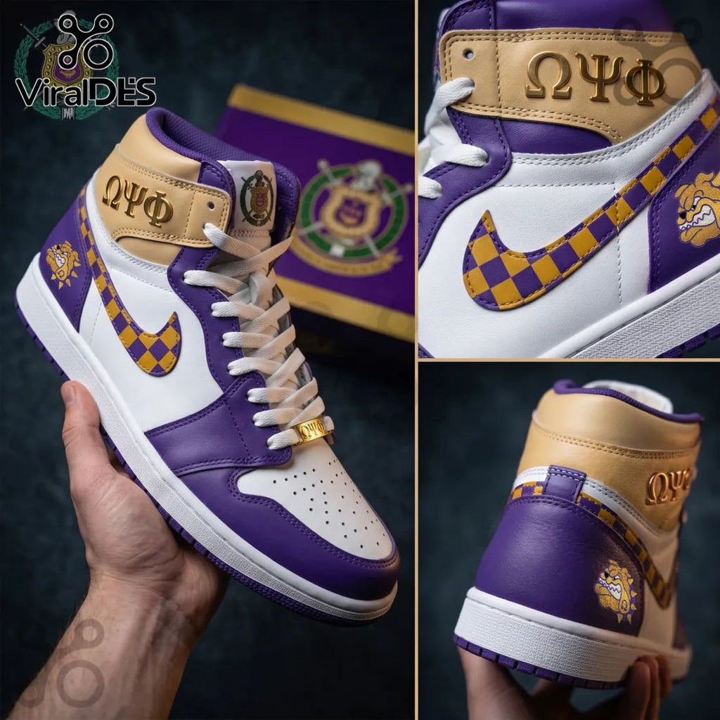 Omega Psi Phi Fraternity Purple and Gold AJ1 High Top Sneakers