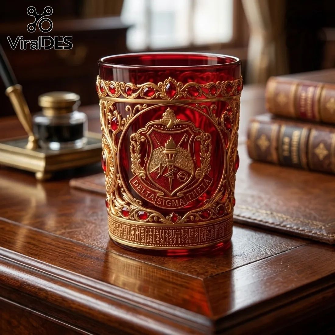 Delta Sigma Theta Ornate Gold Red Glass Tumbler