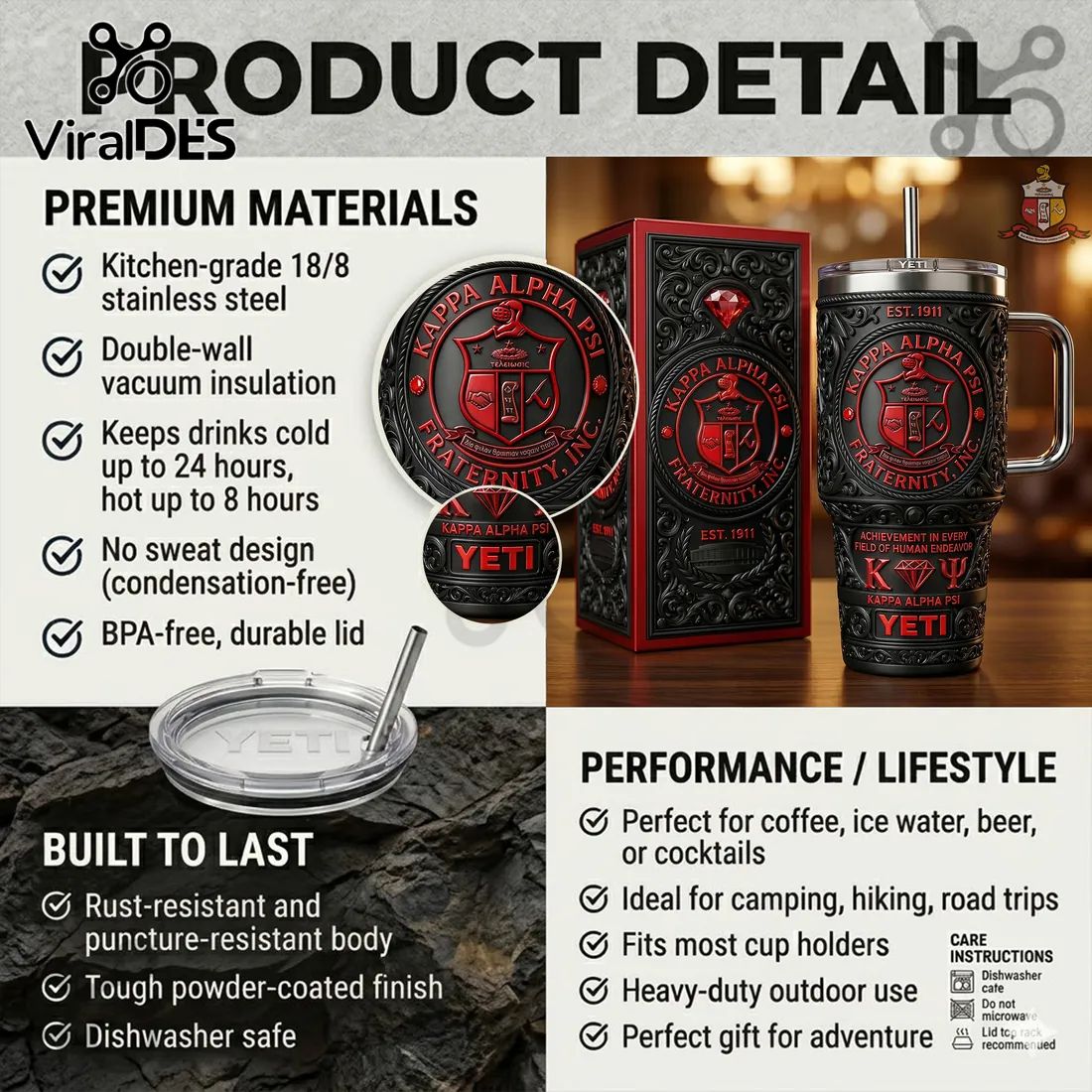 Kappa Alpha Psi 1911 Crest Insulated Travel Handle Tumbler