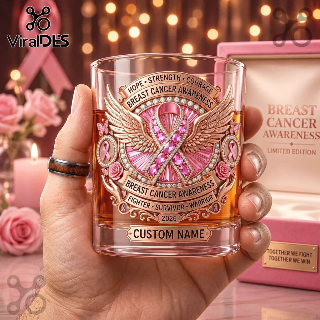 Breast Cancer Awareness Pink Rose Ribbon 2026 Whiskey Glass