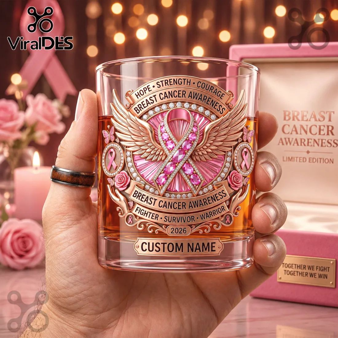 Breast Cancer Awareness Pink Rose Ribbon 2026 Whiskey Glass