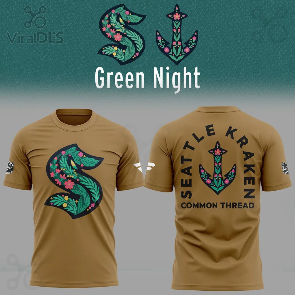 Seattle Kraken Green Night Floral Common Thread T-Shirt