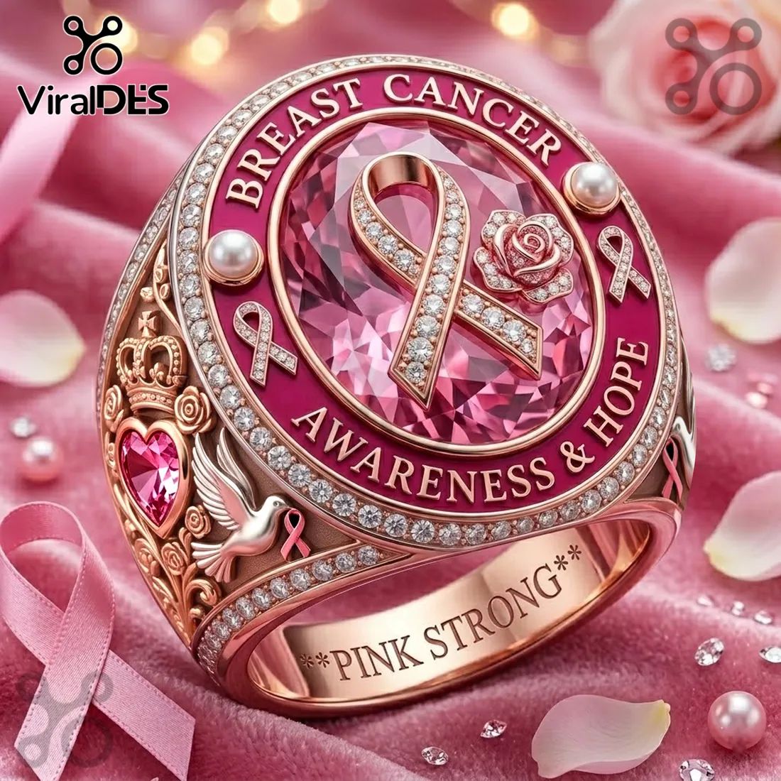 Breast Cancer Awareness Pink Ribbon Hope Diamond Ring