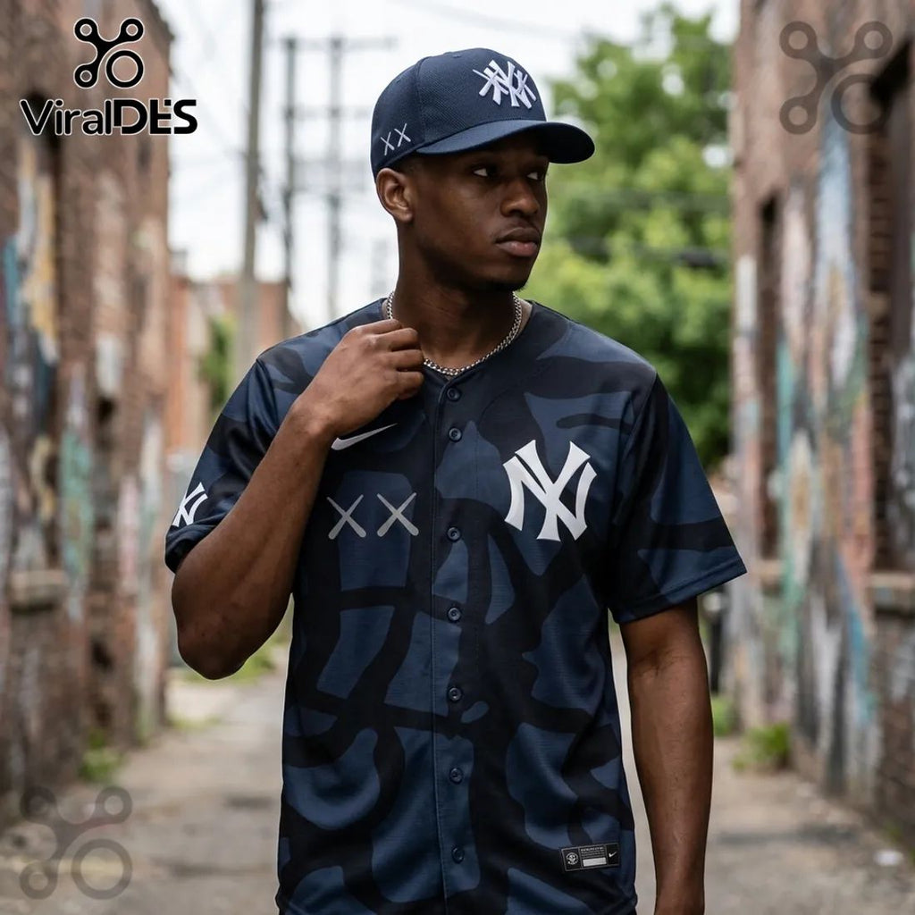 KAWS x New York Yankees Navy Blue Camo Baseball Jersey