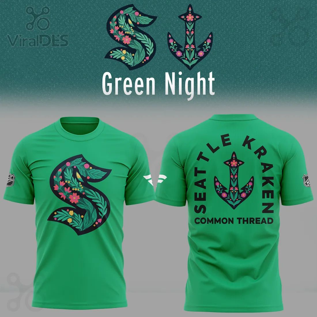 Seattle Kraken Green Night Floral “S” Logo Limited Edition T-Shirt