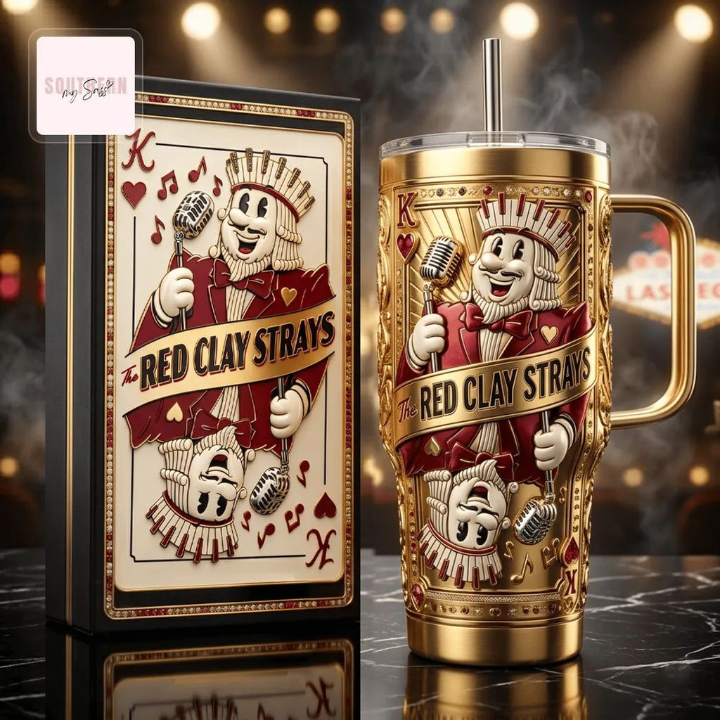 The Red Clay Strays Gold 40oz 3D Embossed King Card Insulated Tumbler With Handle