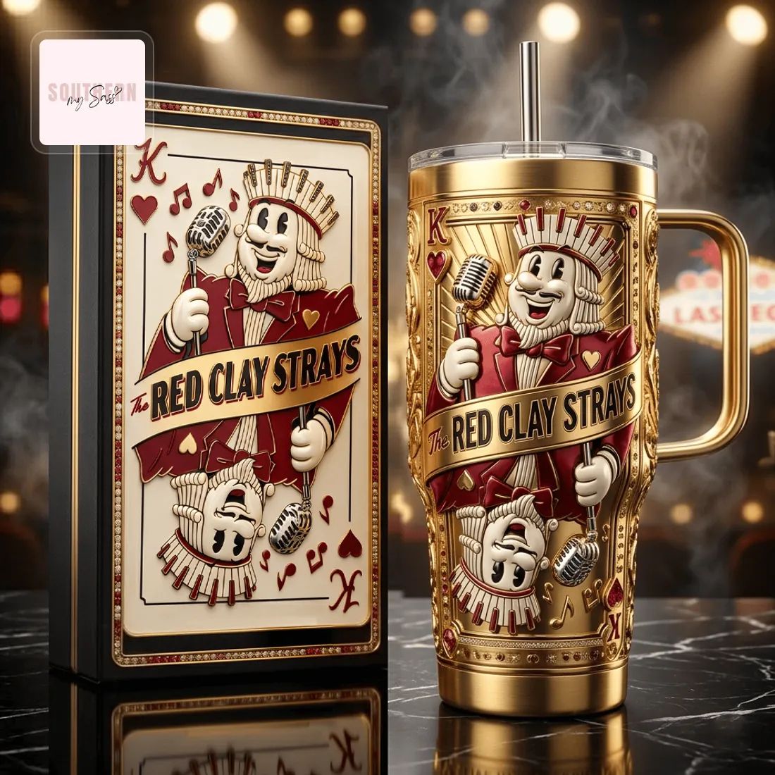 The Red Clay Strays Gold 40oz 3D Embossed King Card Insulated Tumbler With Handle
