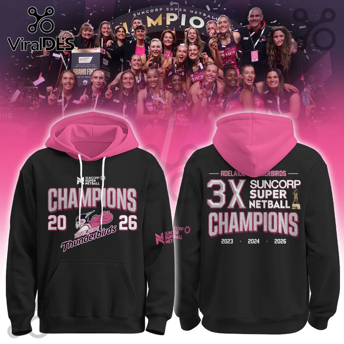 Adelaide Thunderbirds 3X Champions 2026 Black Hoodie