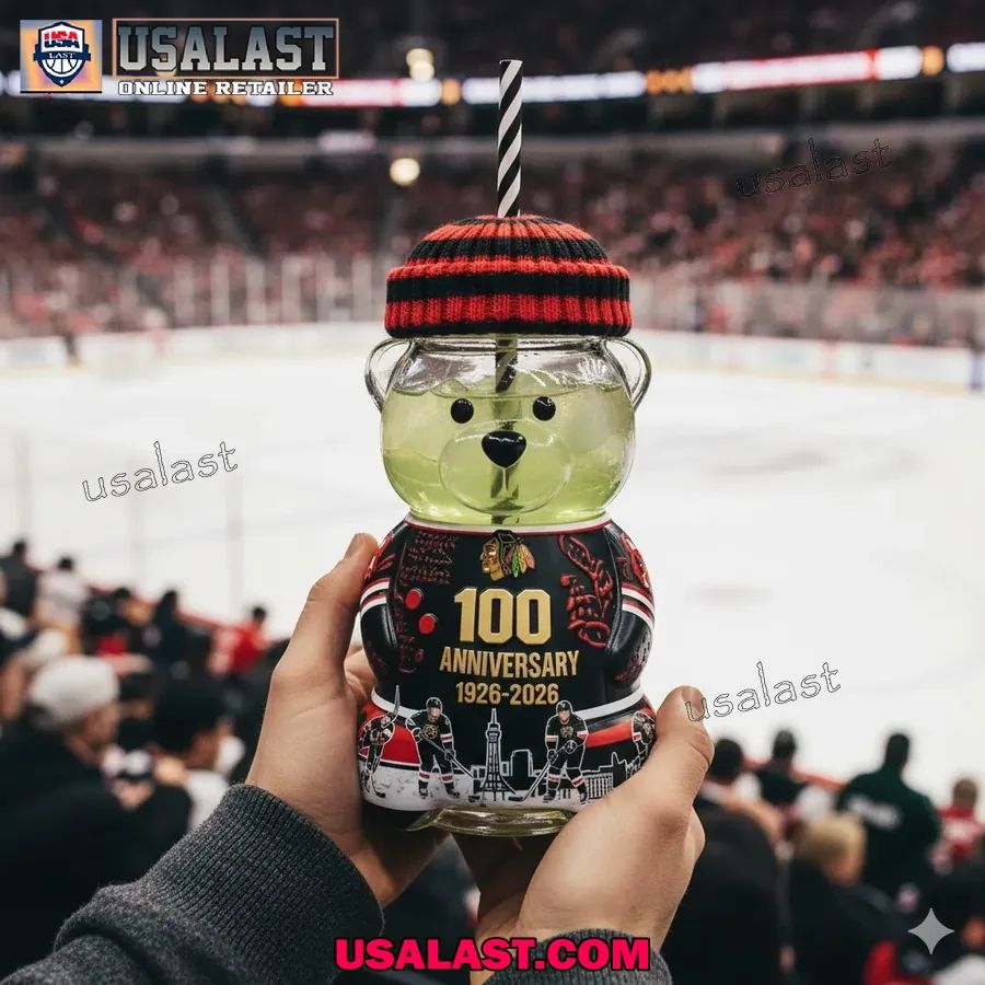 Chicago Blackhawks 100th Anniversary Collectible Bear Glass Cup