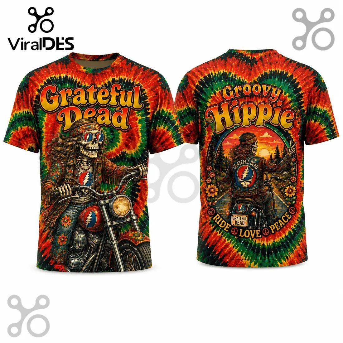 Grateful Dead Psychedelic Skeleton Motorcycle Rider Shirt