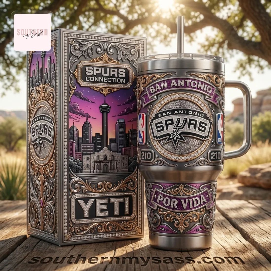 San Antonio Spurs 40oz Premium Ornate Yeti Insulated Tumbler With Handle