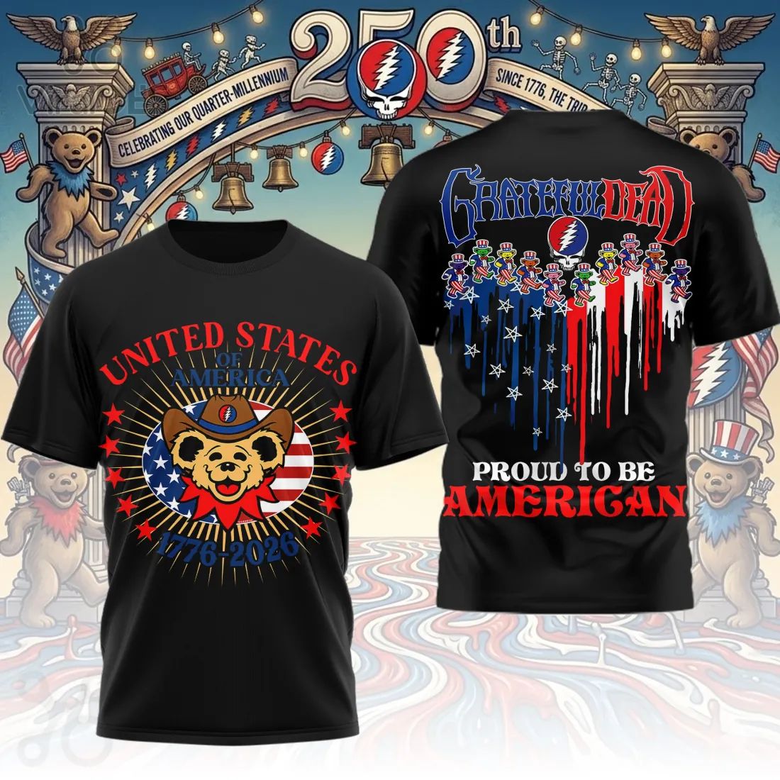 Grateful Dead American 250th Anniversary Patriotic Dancing Bears T-Shirt