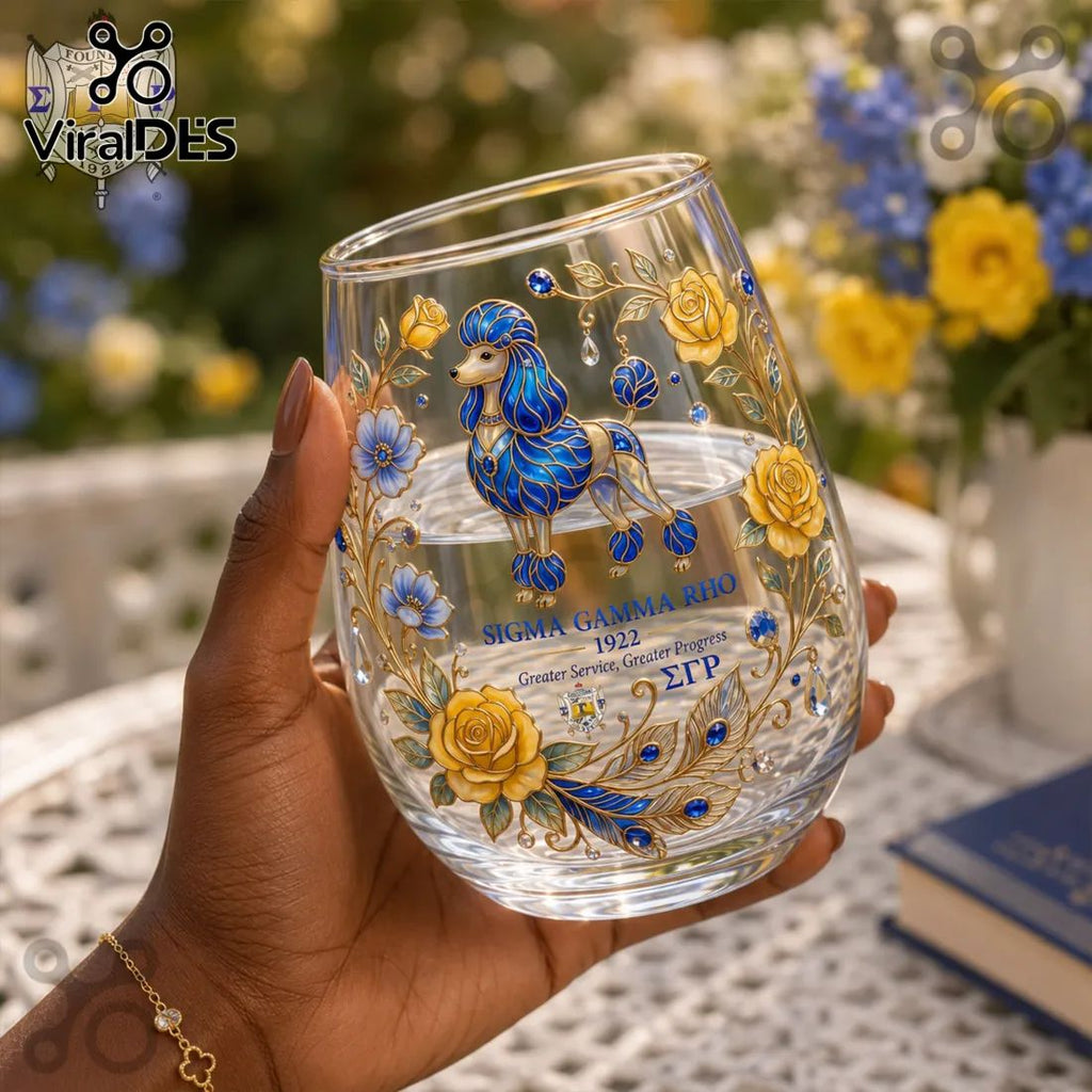 Sigma Gamma Rho 1922 Poodle Blue Gold Sorority Stemless Wine Glass