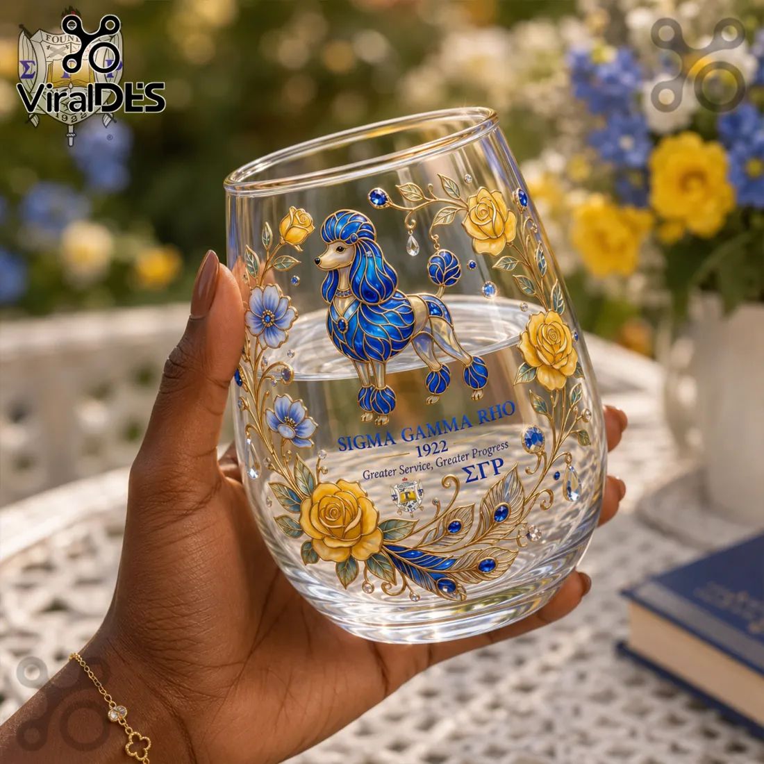 Sigma Gamma Rho 1922 Poodle Blue Gold Sorority Stemless Wine Glass