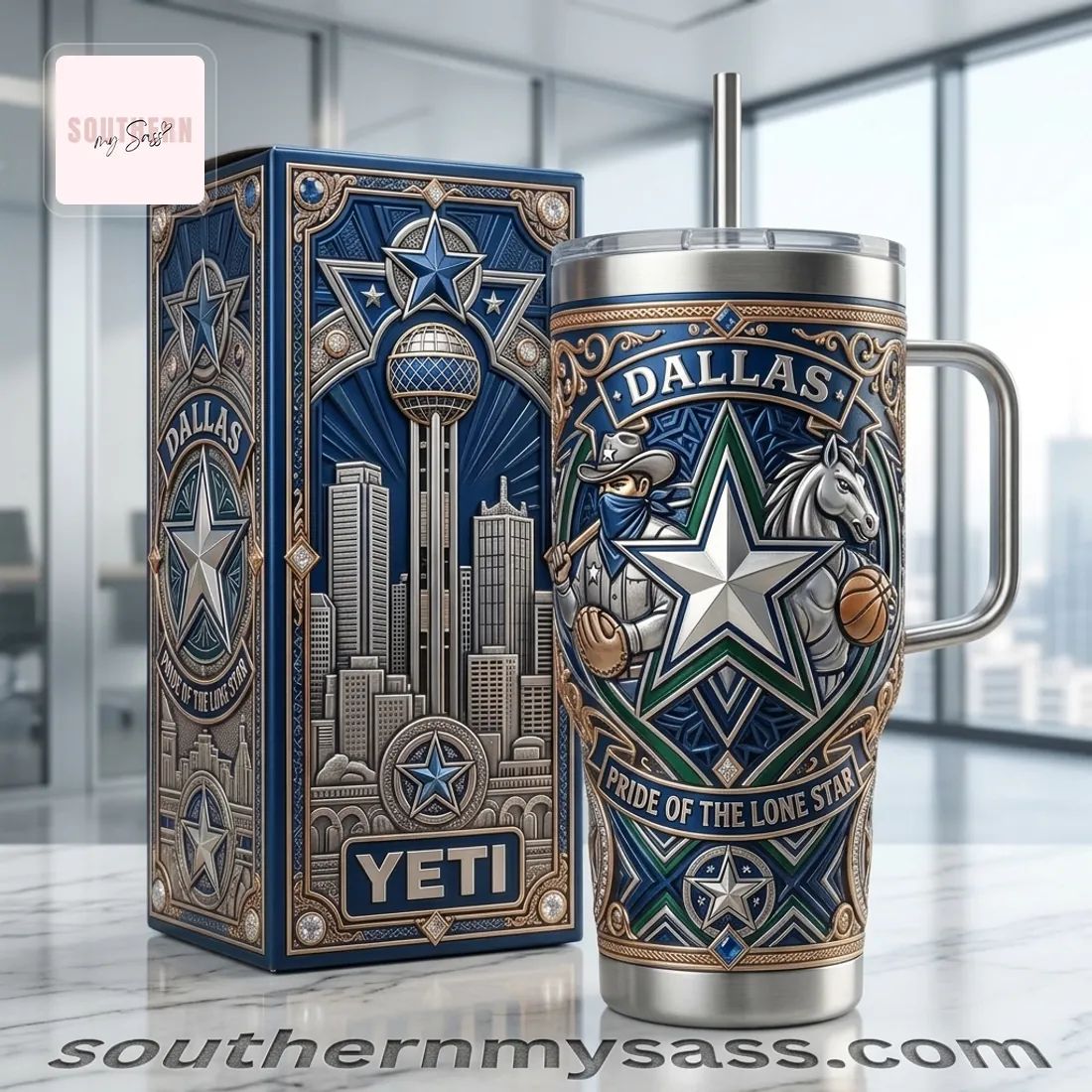 Dallas Lone Star Premium Engraved 40oz Stainless Steel Tumbler With Handle
