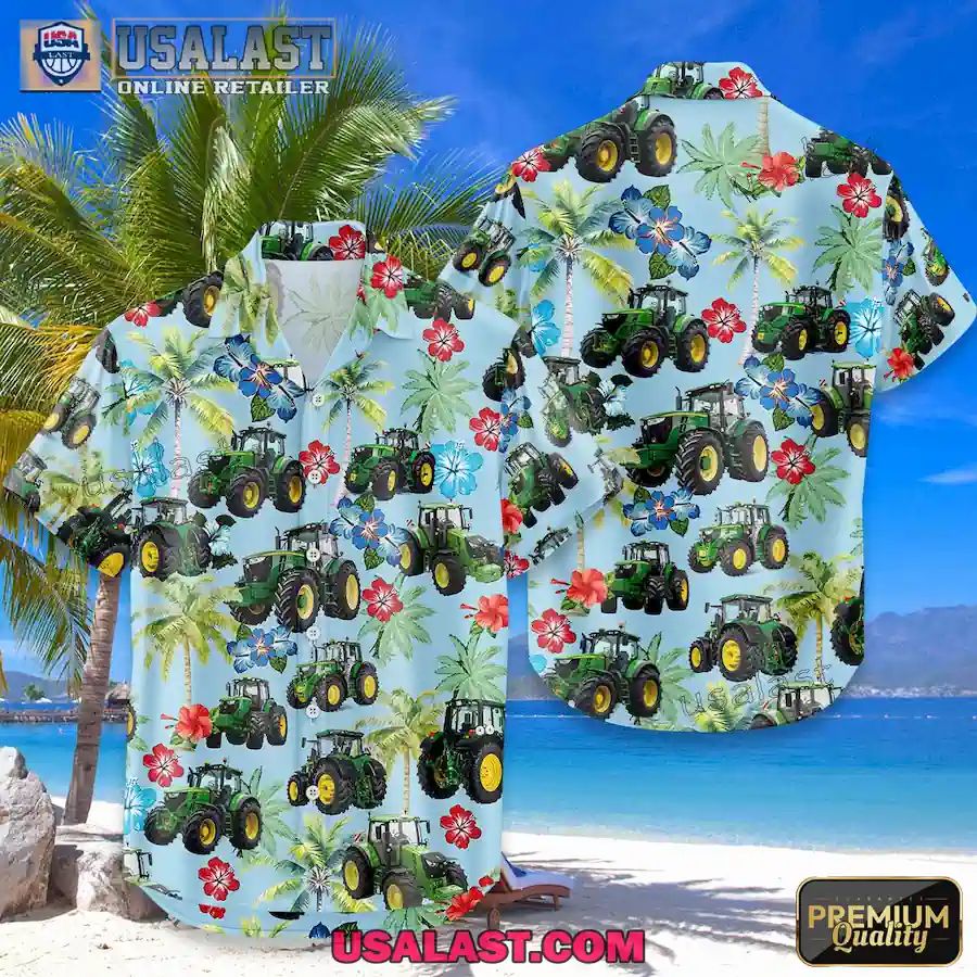 Green Tractor Tropical Hibiscus Hawaiian Shirt