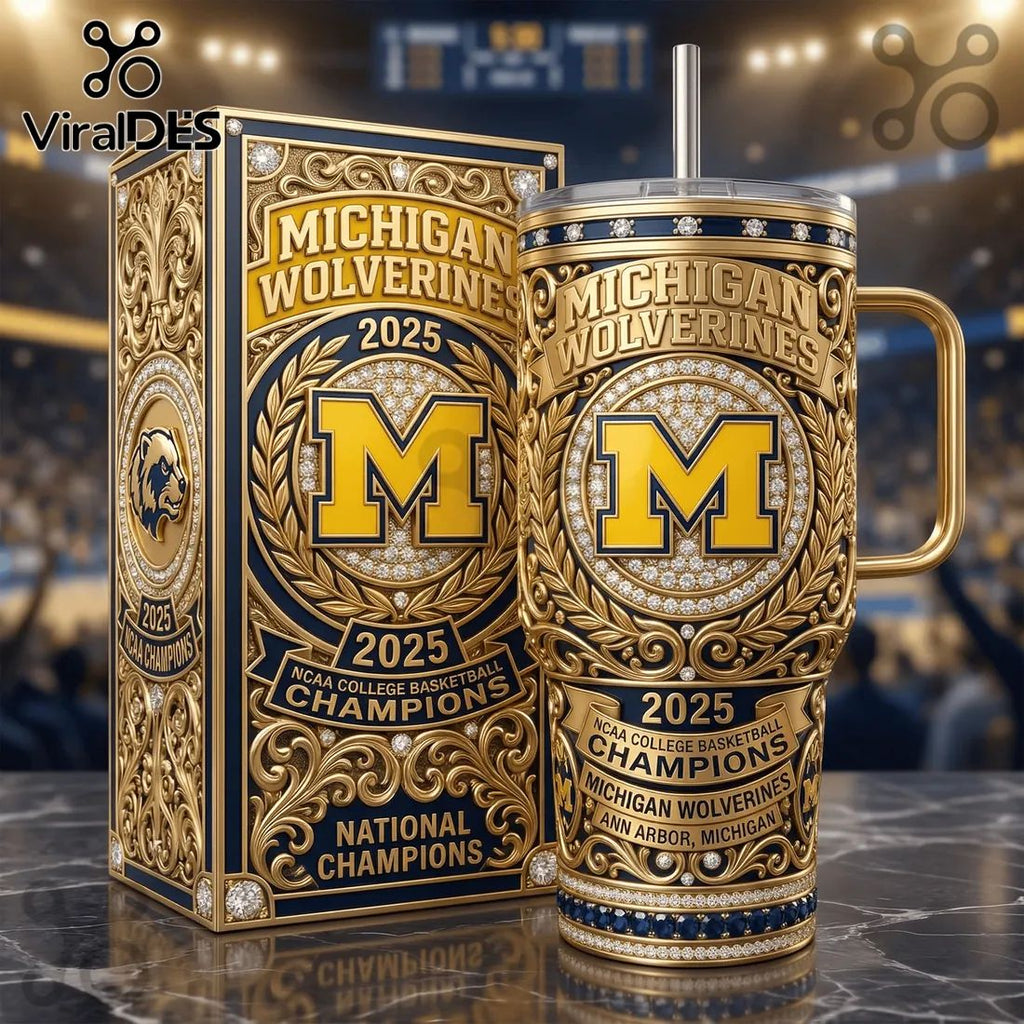 Michigan Wolverines 2025 NCAA Basketball Champions Gold Stanley Tumbler